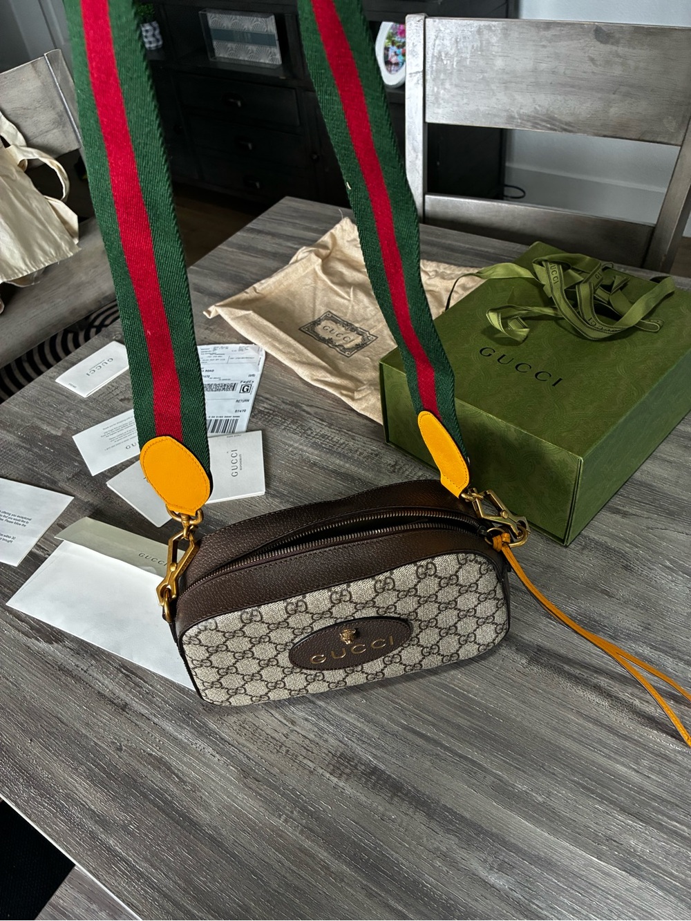 Gucci GG Supreme Monogram Crossbody in Beige and Brown with Gold Accents